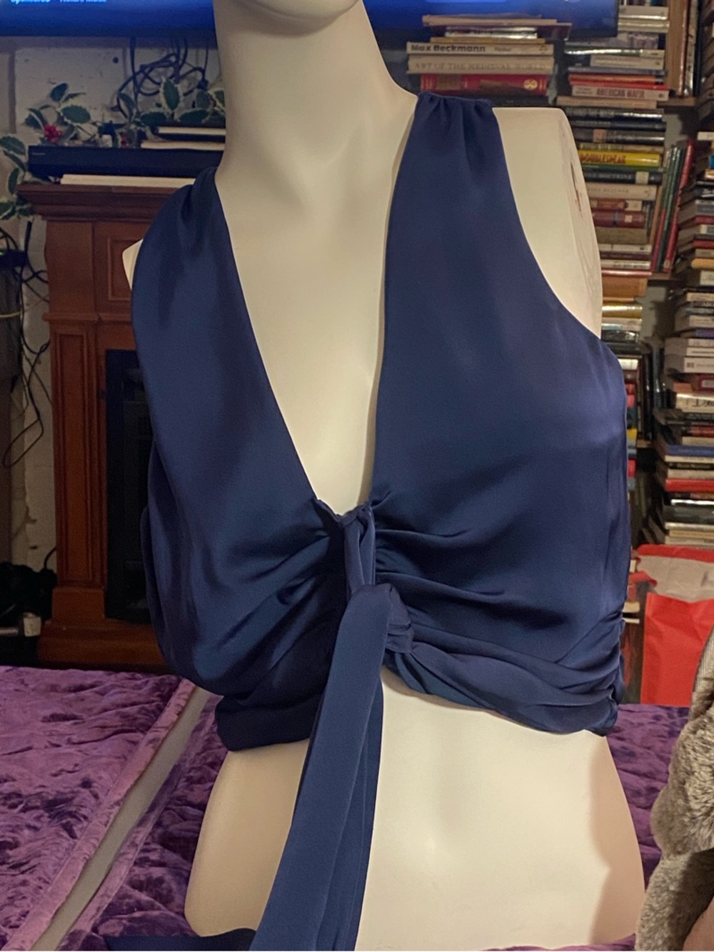 Ramy Brook Navy Blue Satin 3-Button Tie-Front Crop Top ~ Medium